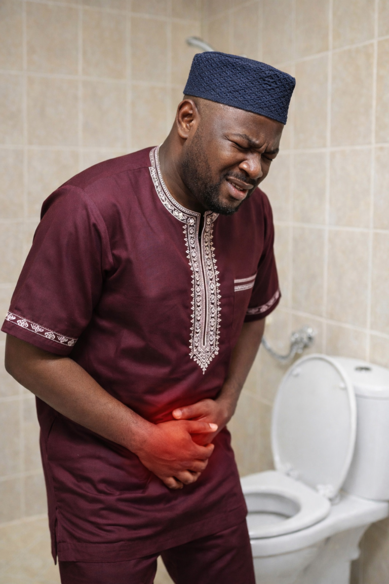 Man in Bathroom feeling severe pain